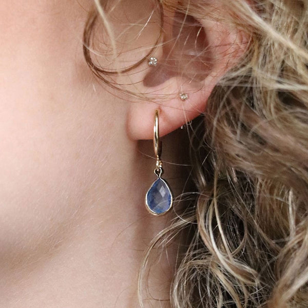 Faux Gold Tear Drop Shaped Blue Crystal Drop Hoop Earrings