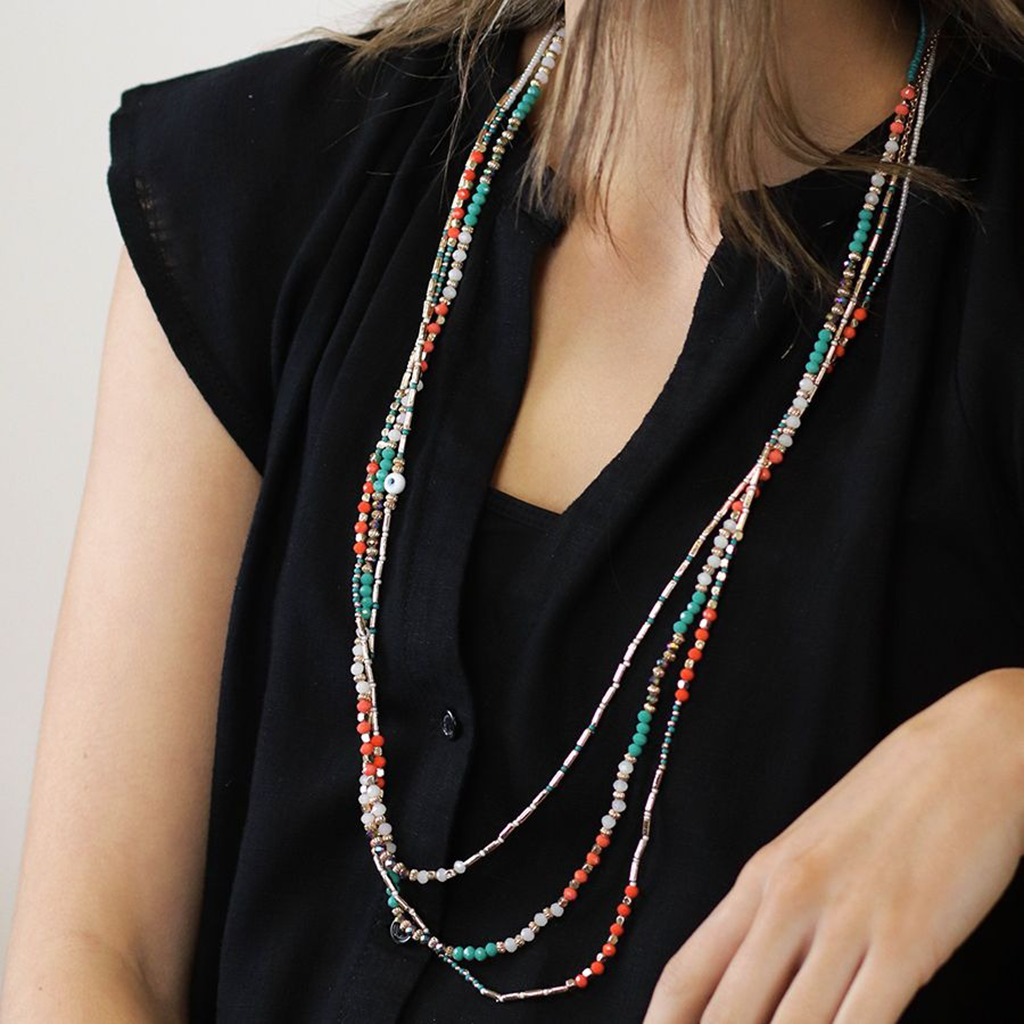 Coral Turquoise Gold Coloured Beaded Multi Strand Boho Necklace Insideout