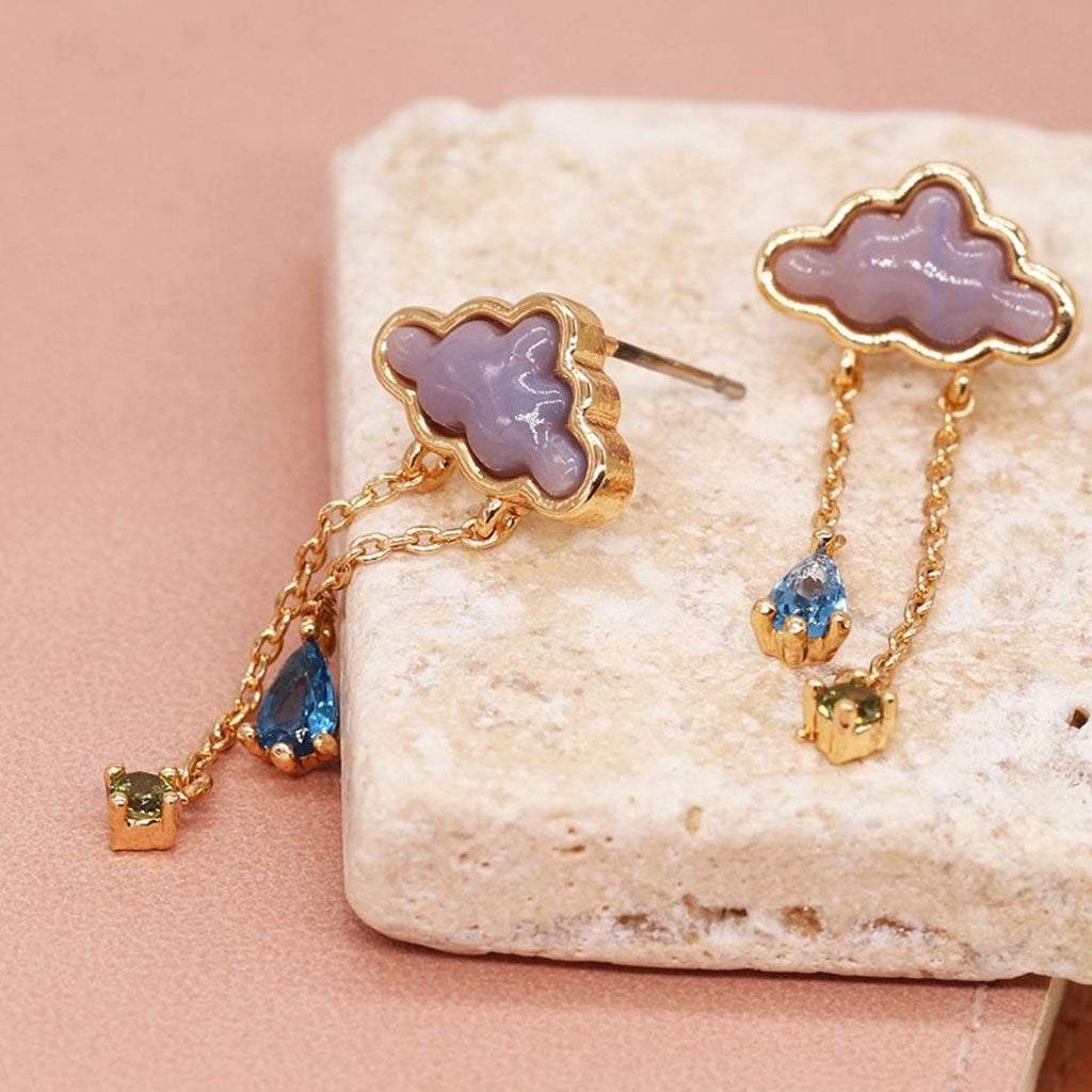 Grey Lilac Cloud Earrings With Crystal Raindrops