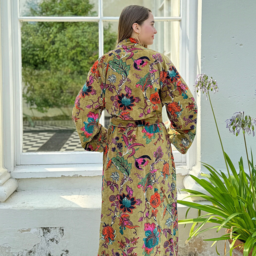 Luxury Velvet Long Robe Dressing Gown/Kimono With Silk Lining in Henna   Insideout