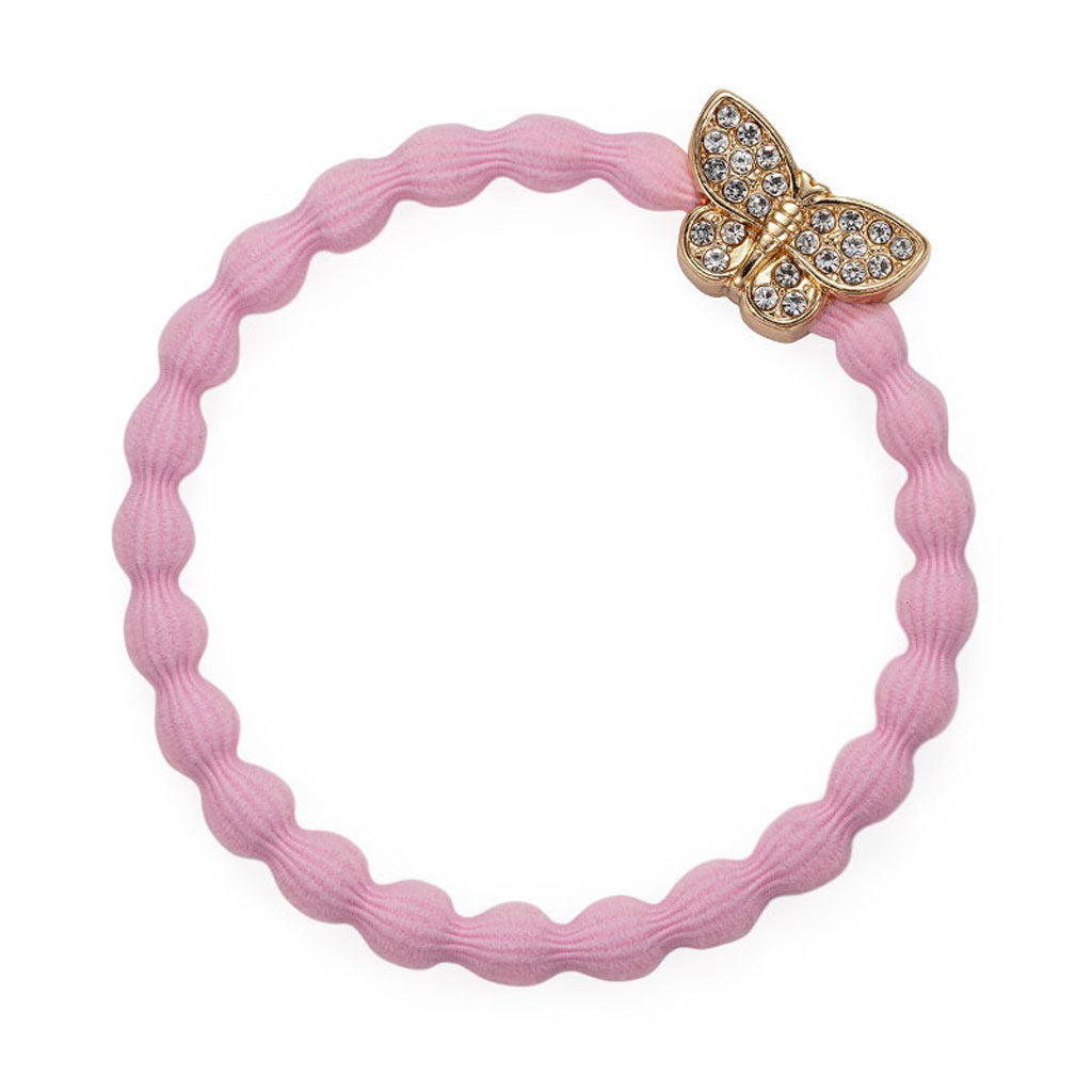 Gold Bling Butterfly On Soft Pink Elastic Bangle Band