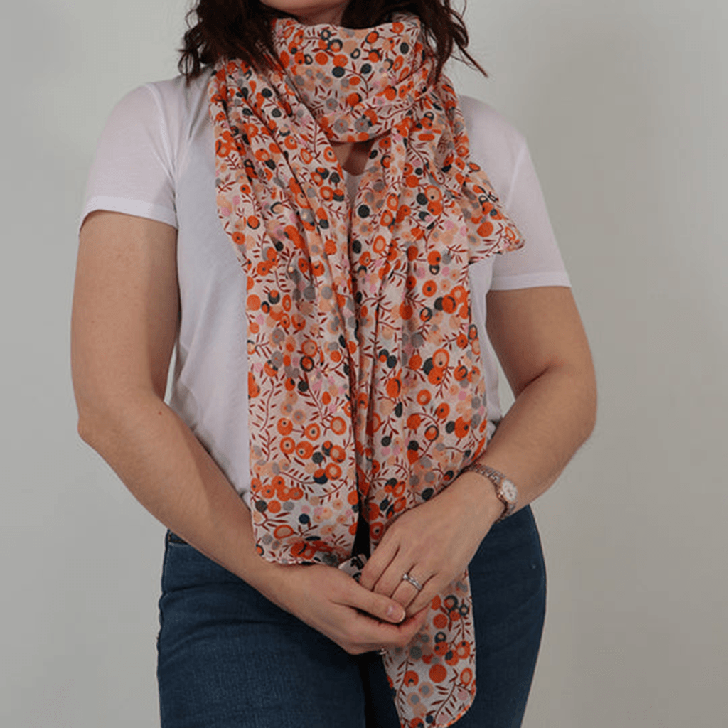 Coral Ditsy Floral Print Scarf With Metallic Spots