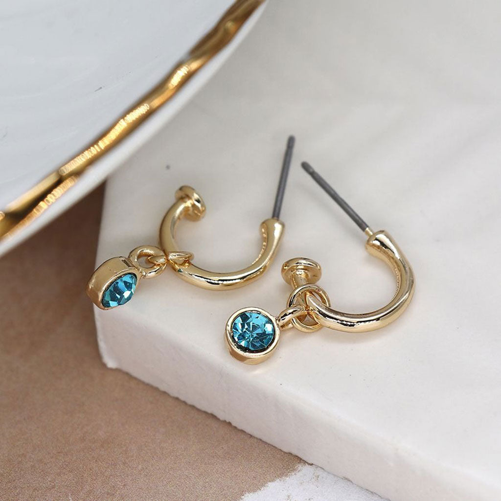 Mini Faux Gold Hoop Earrings With Round Topaz Crystal Drop