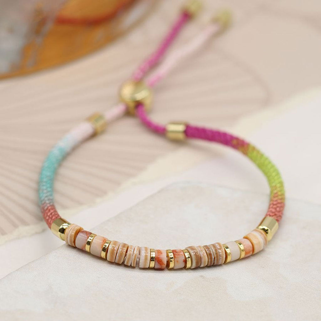 Pink/Yellow Cord With Semi Precious Brass Bead Adjustable Bracelet