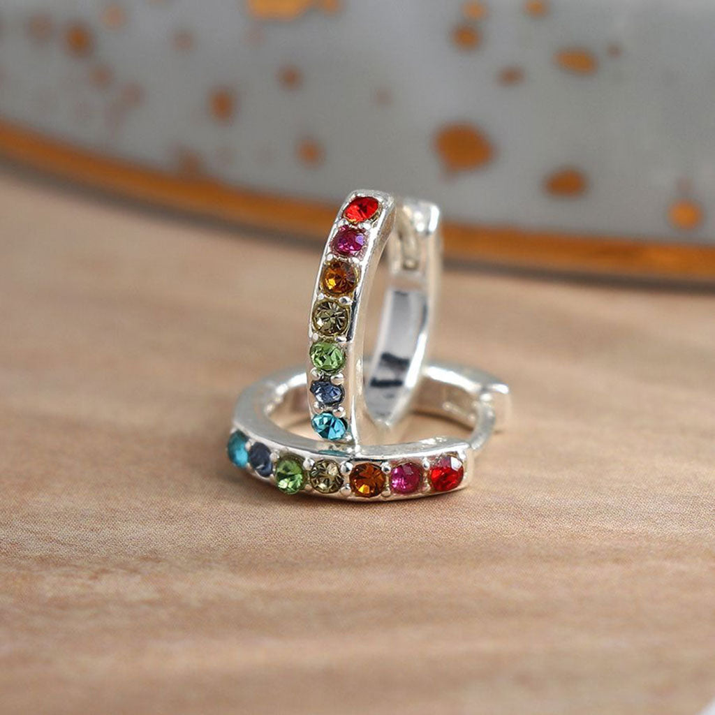Silver Plated Rainbow Crystal Inset Huggie Hoop Earrings