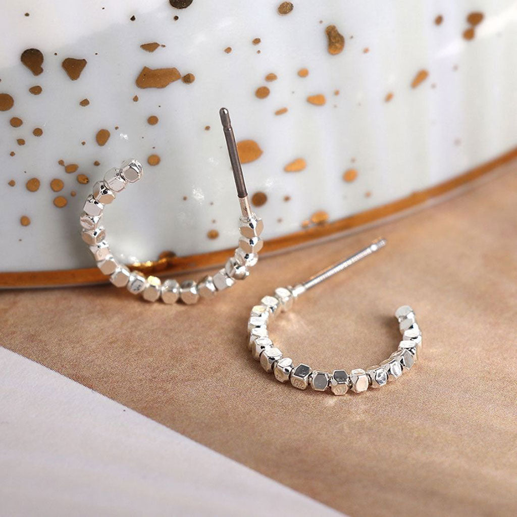 Silver Plated Tiny Cube Bead Open Hoop Earrings