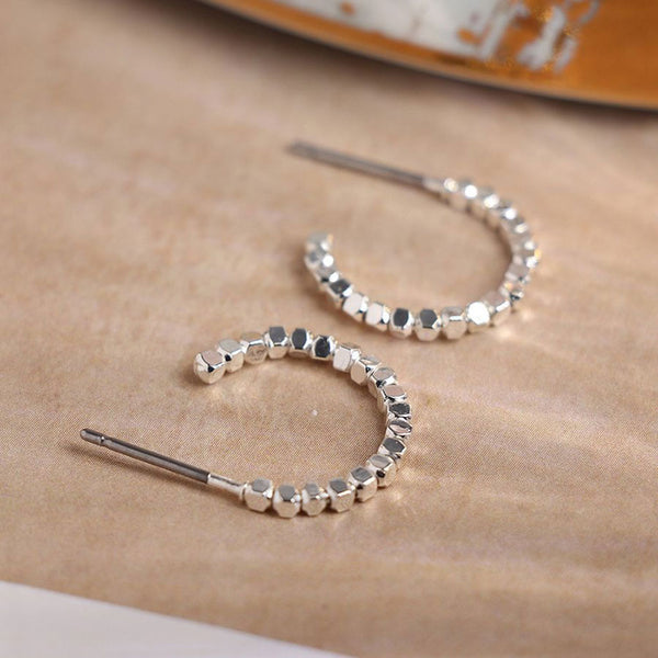 Silver Plated Tiny Cube Bead Open Hoop Earrings