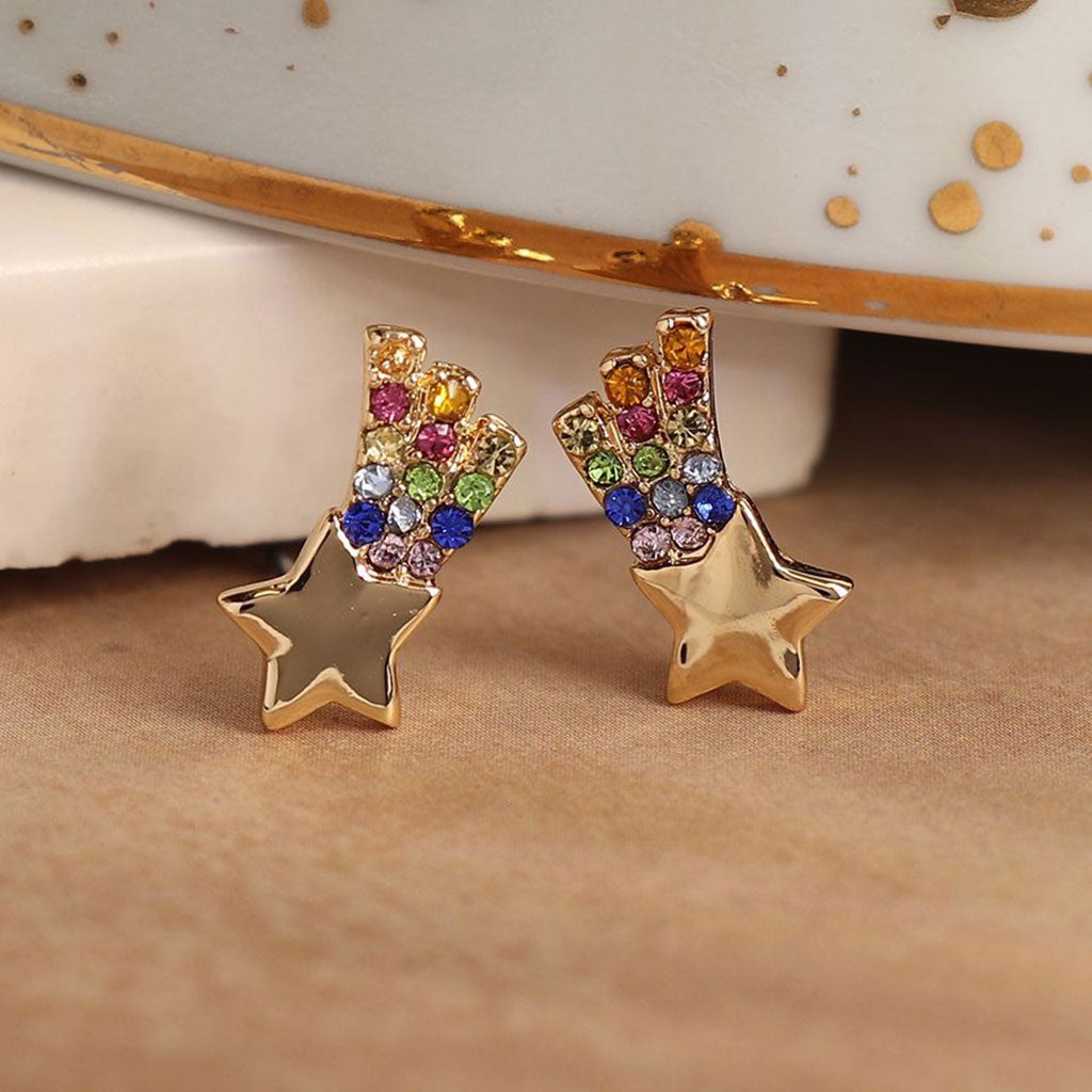 Golden Shooting Star Earrings With Multicoloured Crystals