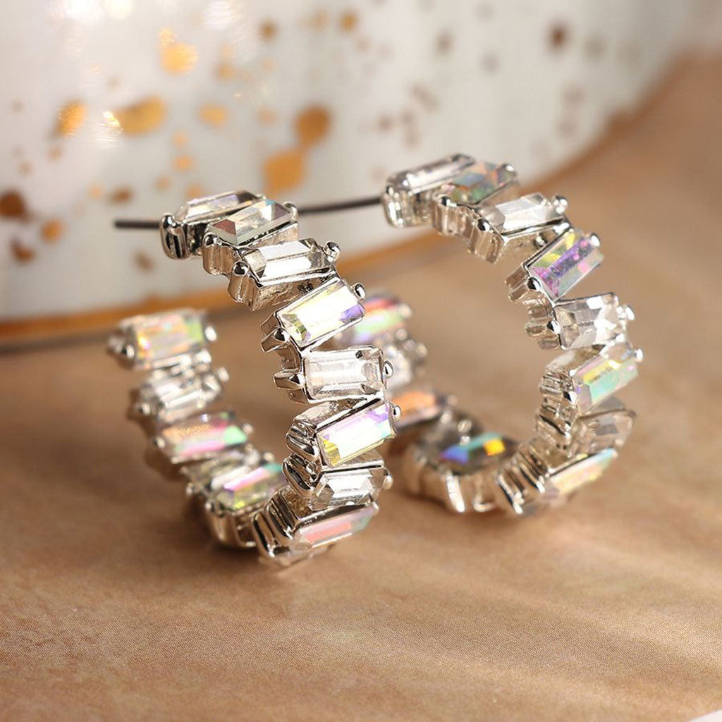 Silver Plated Claw Set Staggered  Crystal Hoops