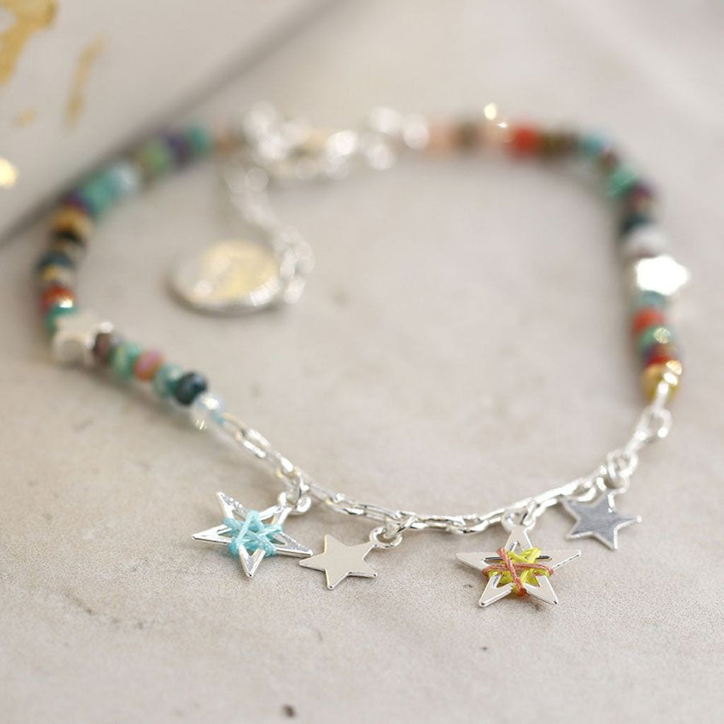 Silver Plated Mixed Colour Beaded Bracelet With Stars