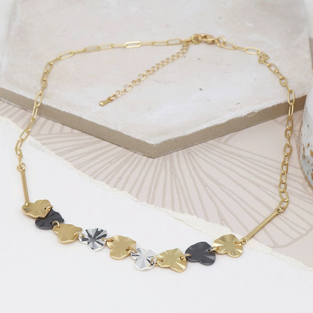 Matt Gold/Hematite Shiny Plated Silver Linked Hearts Necklace