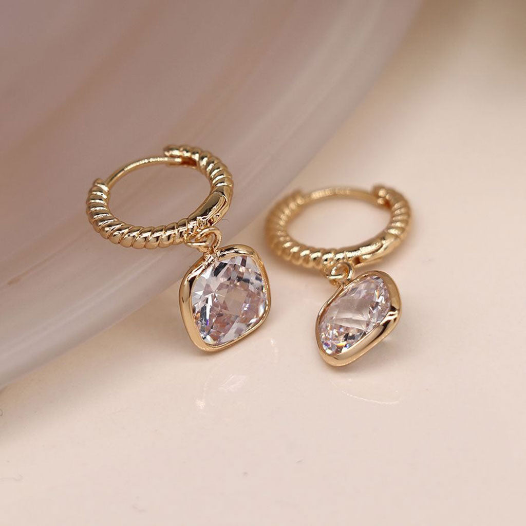 Faux Gold Hoop Earrings With Clear Crystal Drops