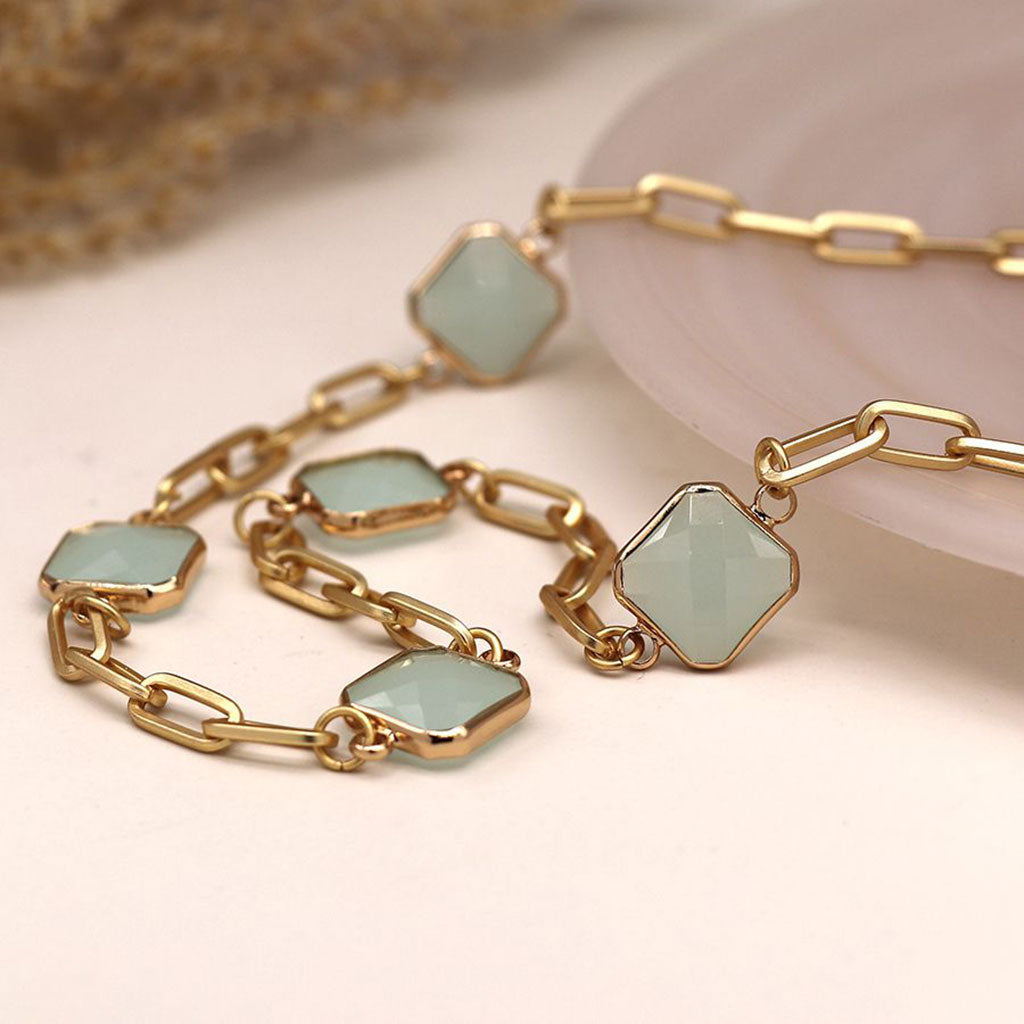 Faux Gold Plated Link Chain Necklace With Aqua Stones