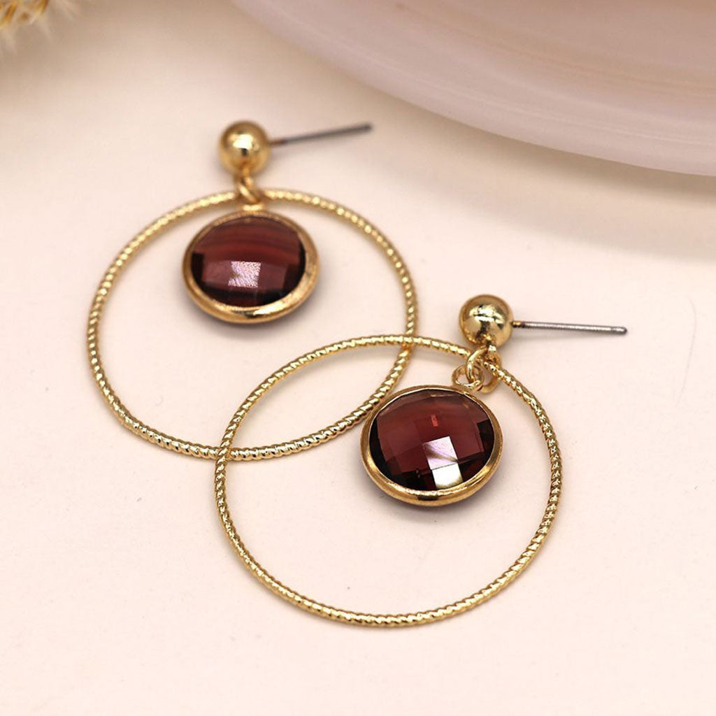 Faux Gold Stud Earrings With Hoop And Smokey Red Crystal