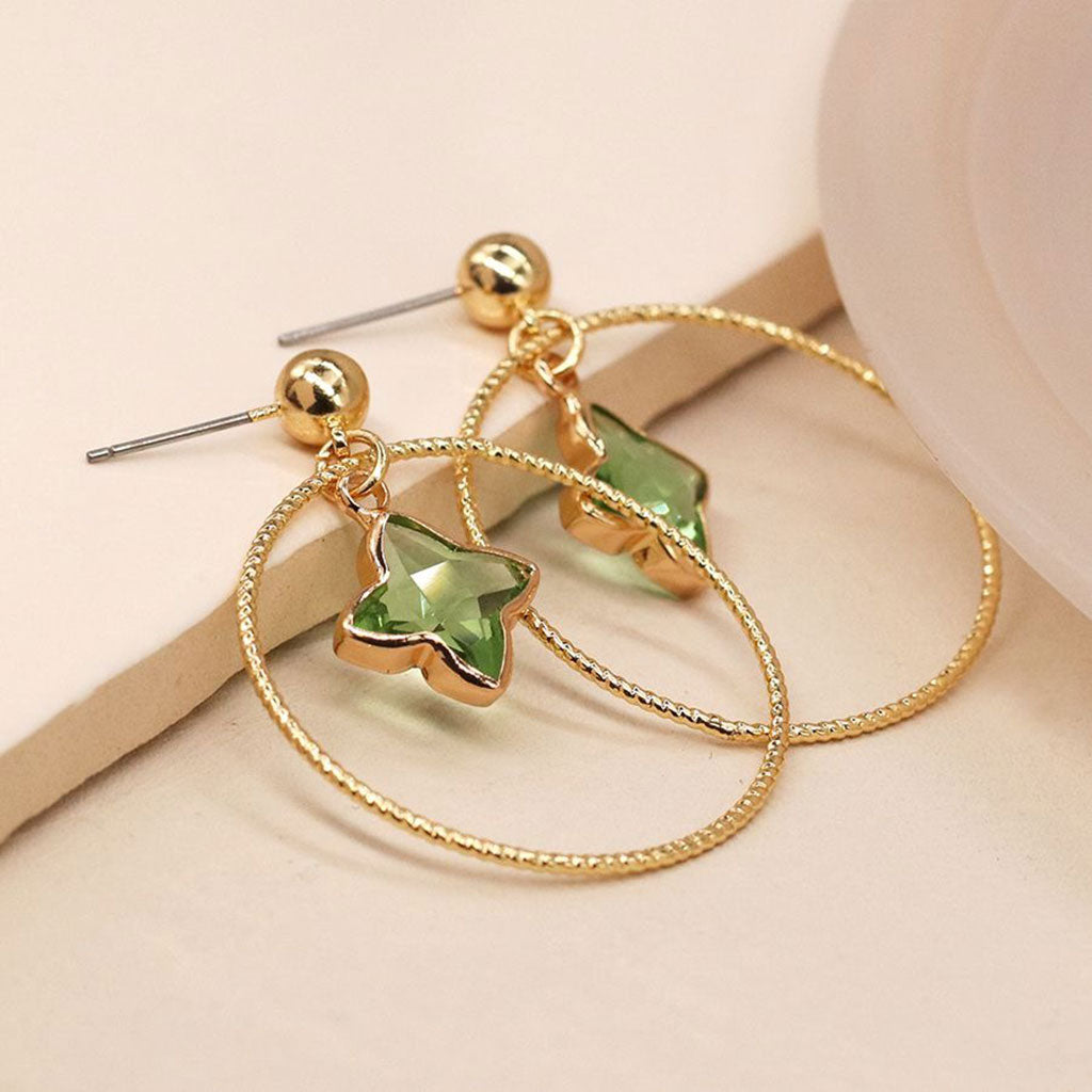 Faux Gold Stud Earrings With Hoop And Green Star Stone