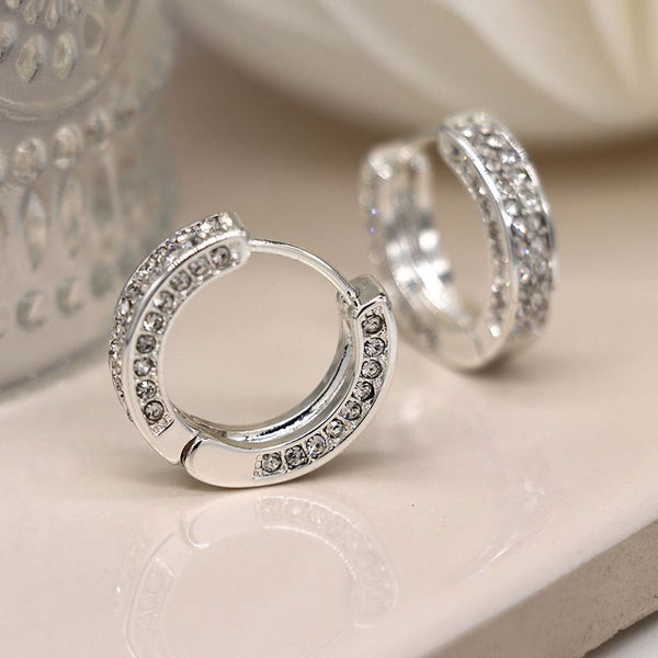 Silver Plated Chunky Crystal Set Hinged Hoop Earrings