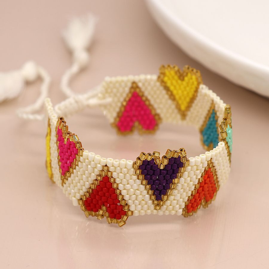 White Multi Hearts Beaded Ribbon Bracelet