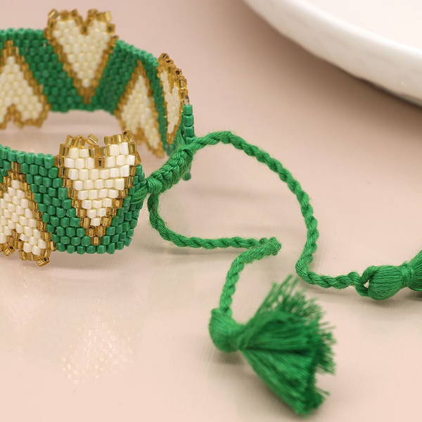 Green White Hearts Beaded Ribbon Bracelet