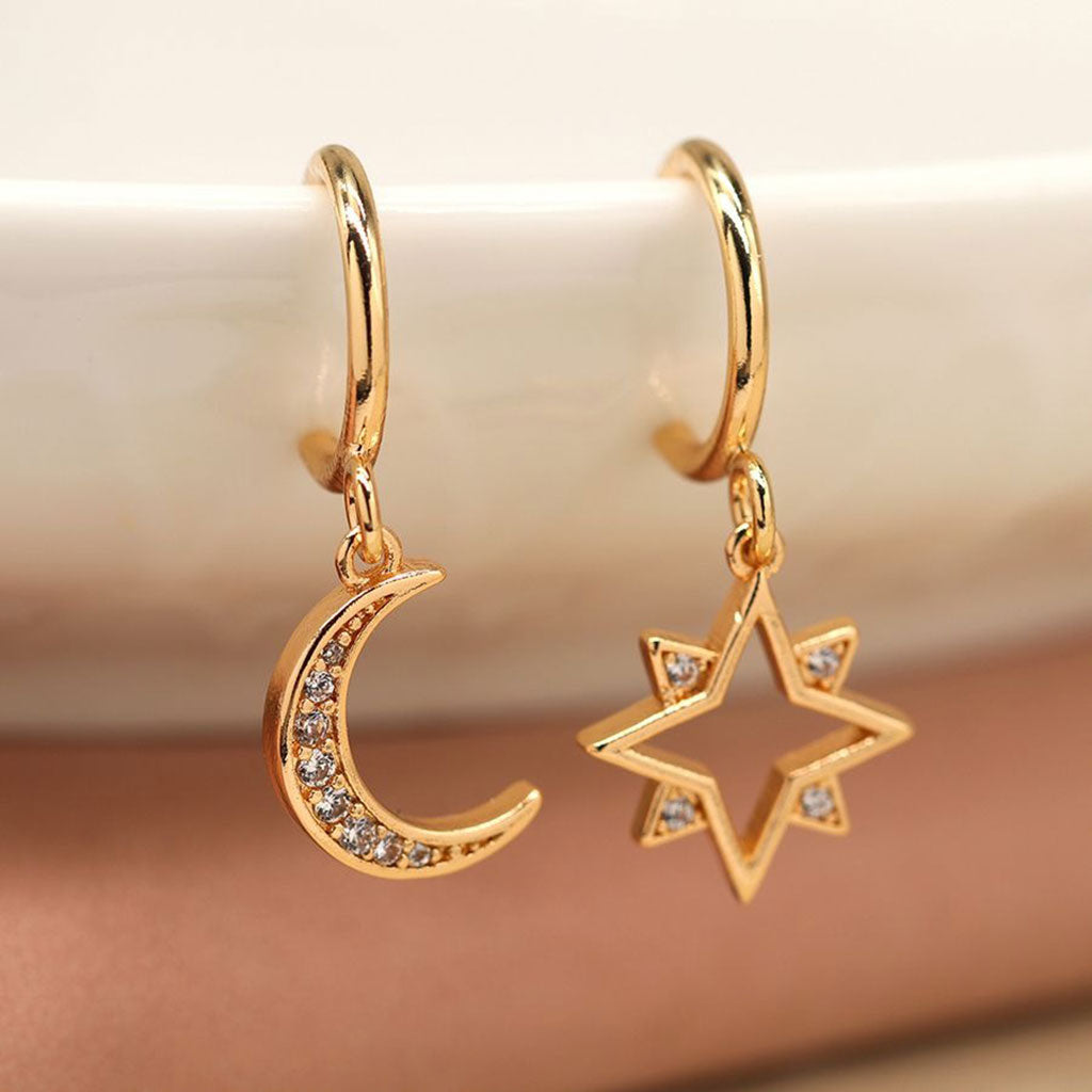 Faux Gold Star And Moon Crystal Set C-Post Hoop Earrings