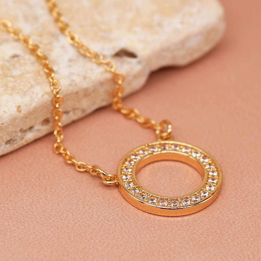 Faux Gold Crystal Set Hoop Pendant Necklace