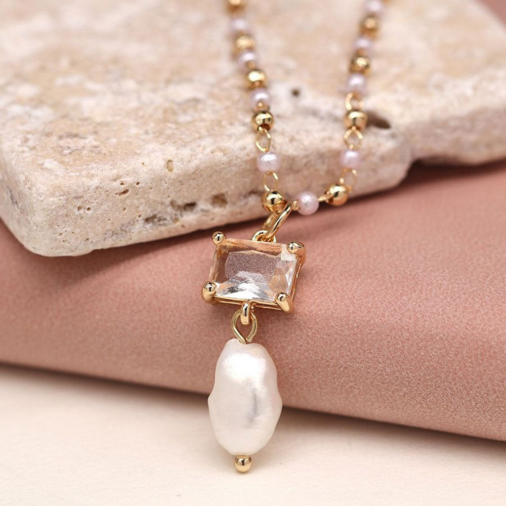 Pearl And Faux Gold Plated Station Necklace With Clear Crystal And Pearl Pendant