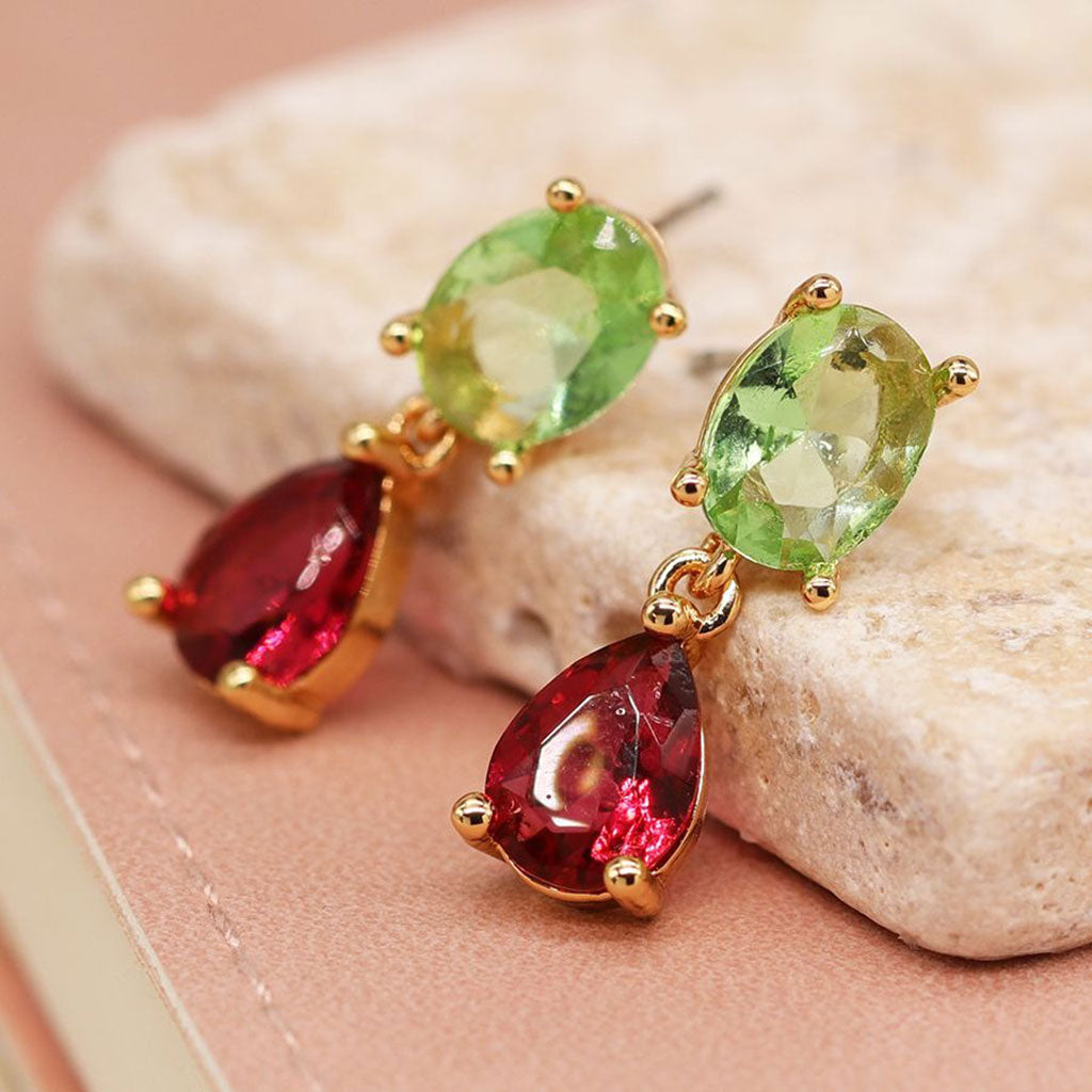 Bright Green & Cerise Crystal Double Drop Stud Earrings