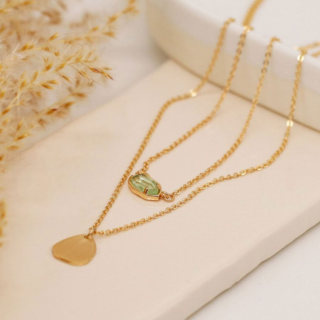 Aqua Faceted Crystal And Brushed Faux Gold Organic Teardrop Double Layer Necklace