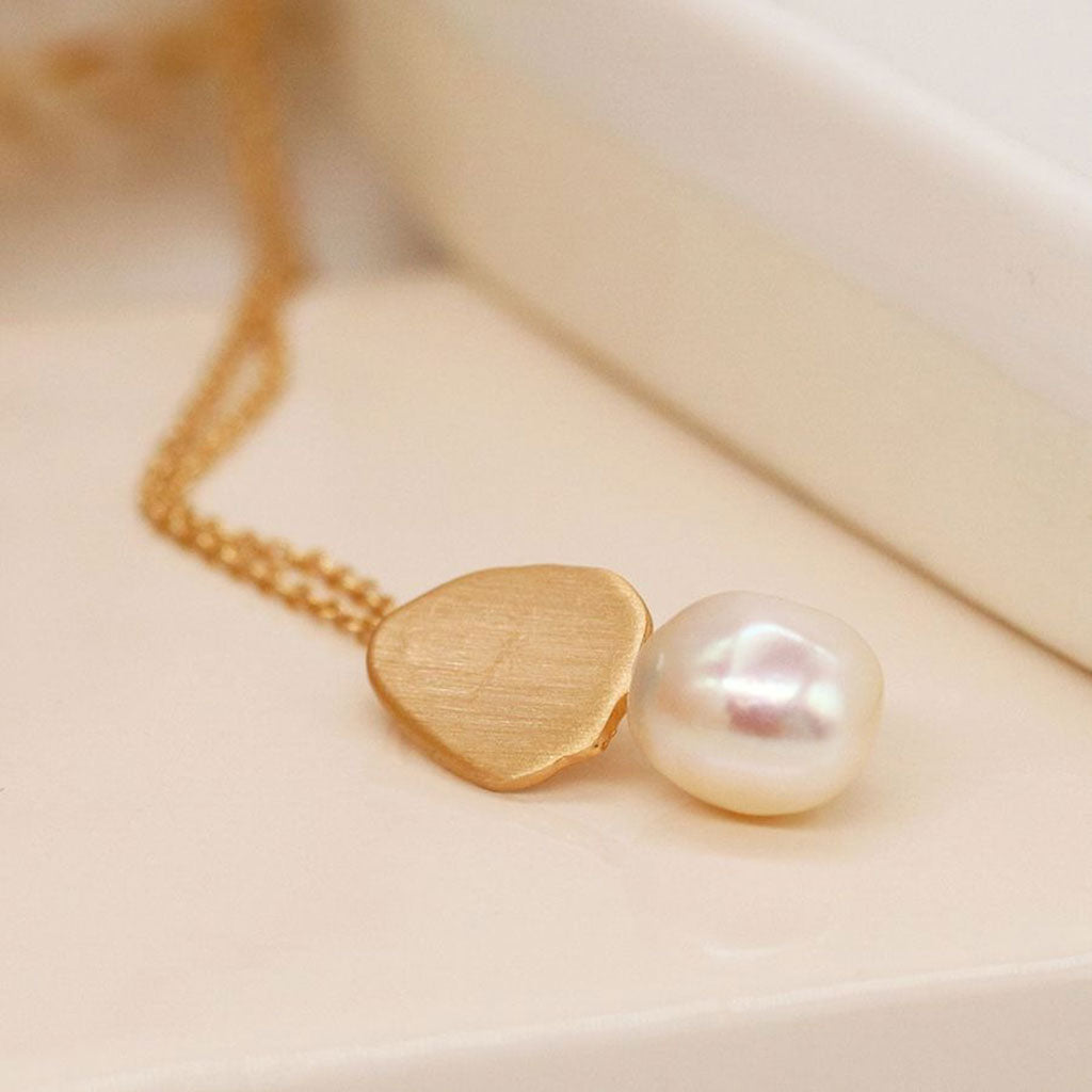 Brushed Faux Gold Organic Tear Drop Pendant Necklace With Freshwater Pearl