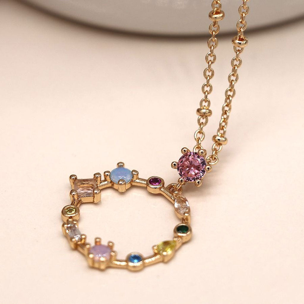 Multi Crystal Decorative Hoop Pendant Necklace In Faux Gold Plate