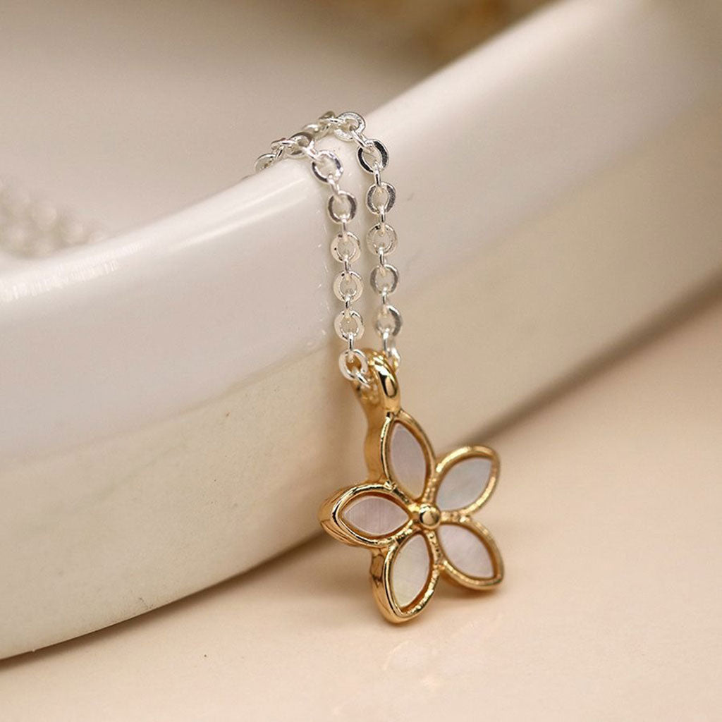 Silver Plated Chain With Faux Gold & Shell Flower Pendant