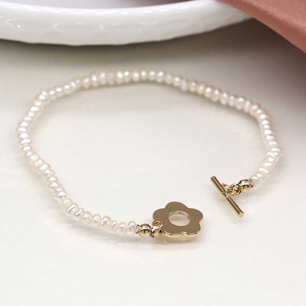 Small Freshwater Pearl And Faux Gold Flower Clasp Bracelet