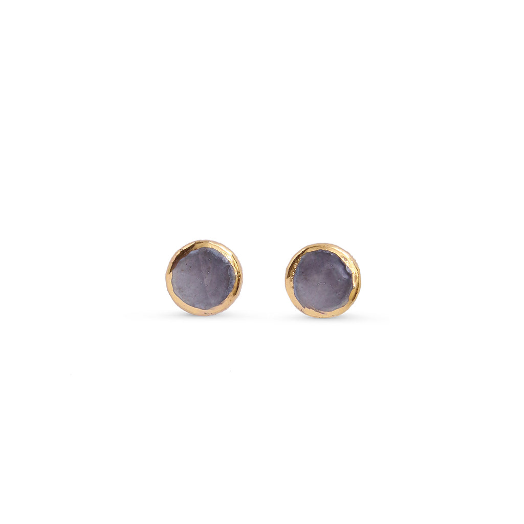 Pair of round earrings with purple stones with a gold outline