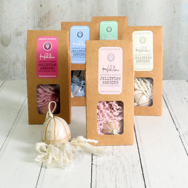 eco craft packaging with ceramic and wool handmade jellyfish which can be seen through a clear window made from Cornstarch - Handmade Ceramic jellyfish by Habulous Ceramics
