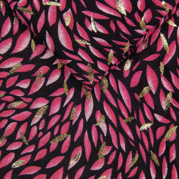 Fuchsia Leaf Print Scarf with Metallic Detail