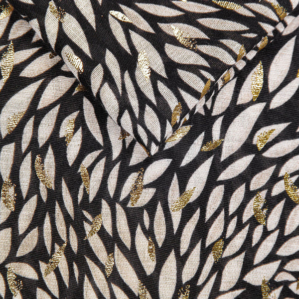 Grey Leaf Print Scarf with Metallic Detail