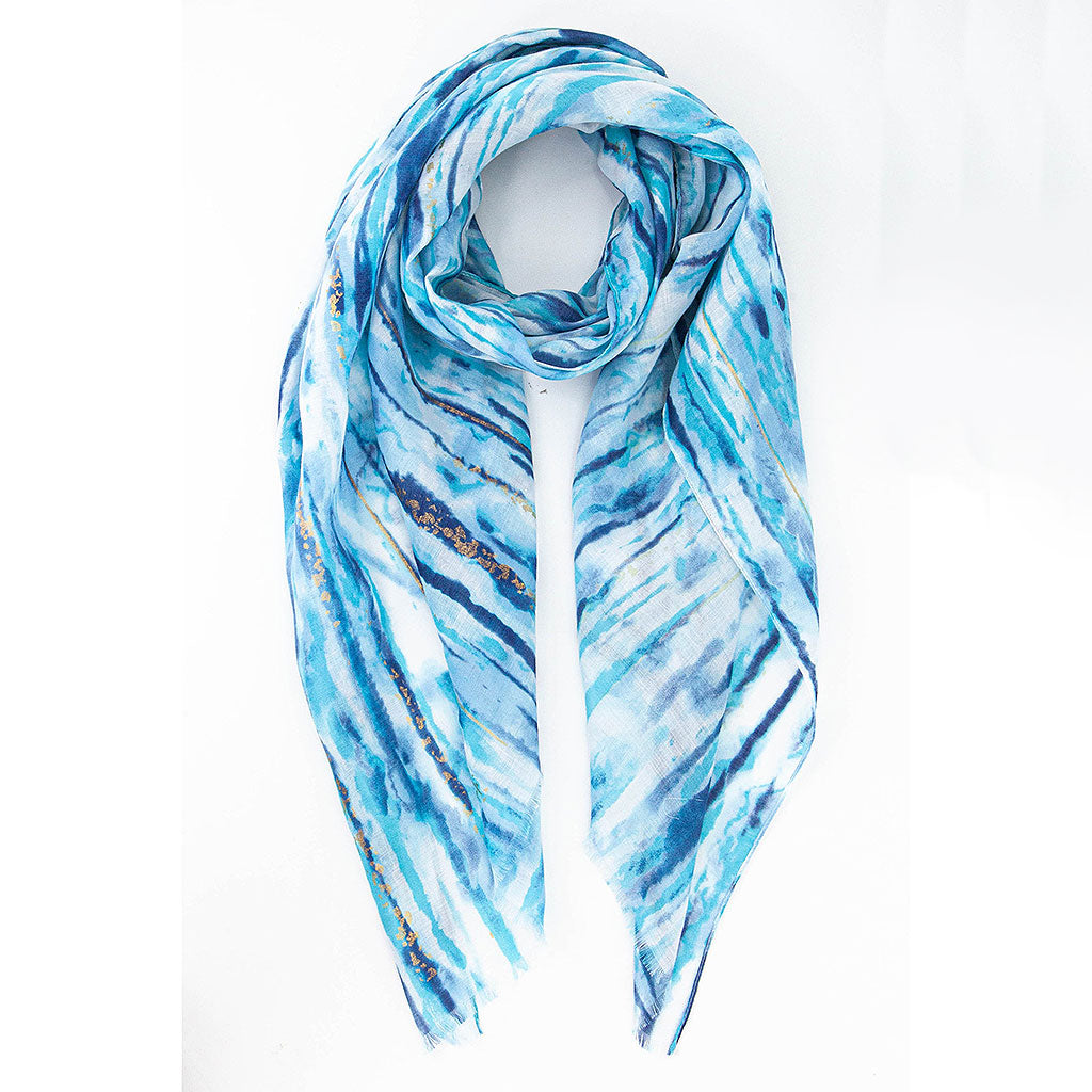 Metallic Gold Foil Abstract Stripe Print Scarf In Blue