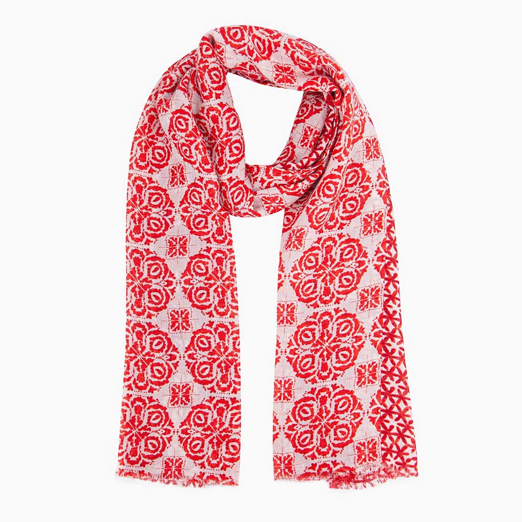 Marcie Lightweight Scarf  Red Floral Mosaic