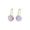 Pair of gold hoop earrings with opal circular discs on a white background