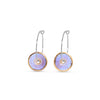 Pair of hoop earrings with round opal and gold disc charms on a white background