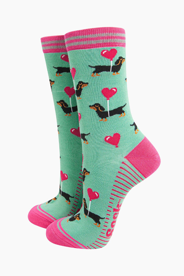 Women's Bamboo Socks - Mint, Sausage Dog Love Heart Balloon