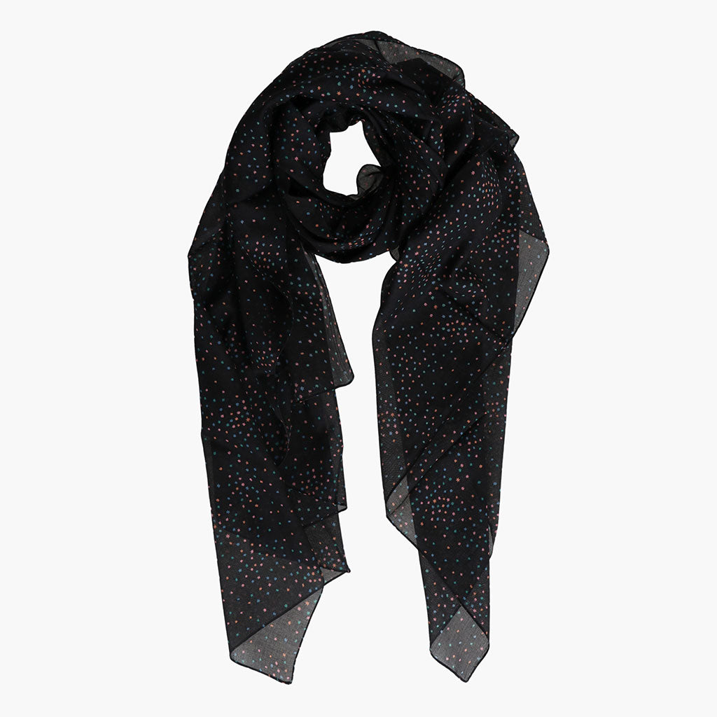 Schwarzer, gedämpfter, mehrfarbiger Schal aus Modalmischung mit „Konfetti der Sterne“-Print