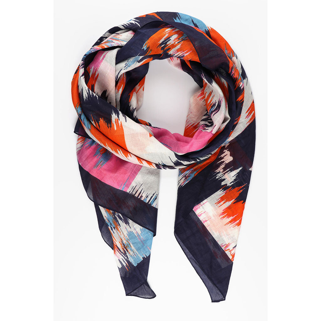 Abstract Chevron Print Cotton Scarf With Border Stripe In Navy Blue