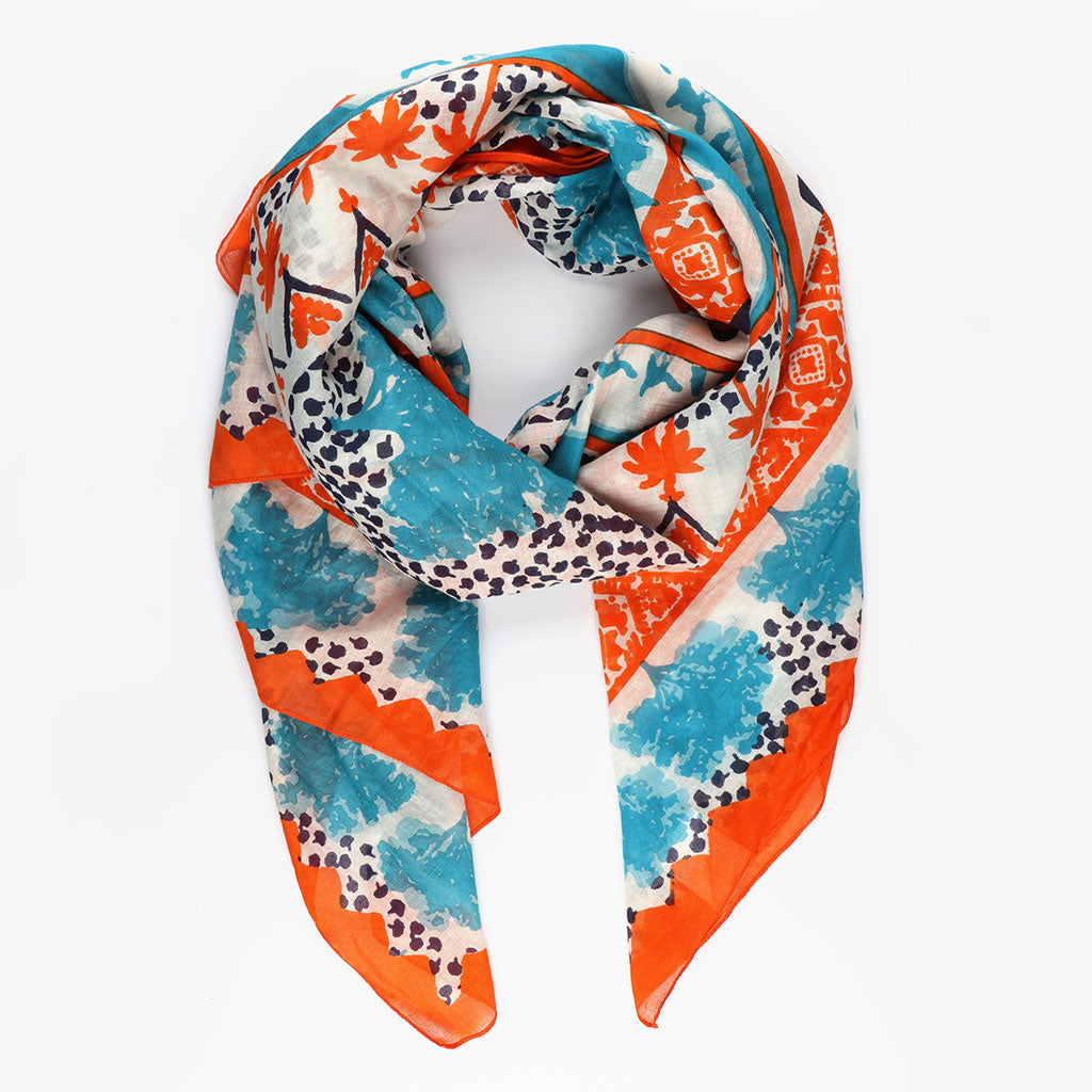 Desert Camel & Palm Tree Print Cotton Scarf With Border In Blue