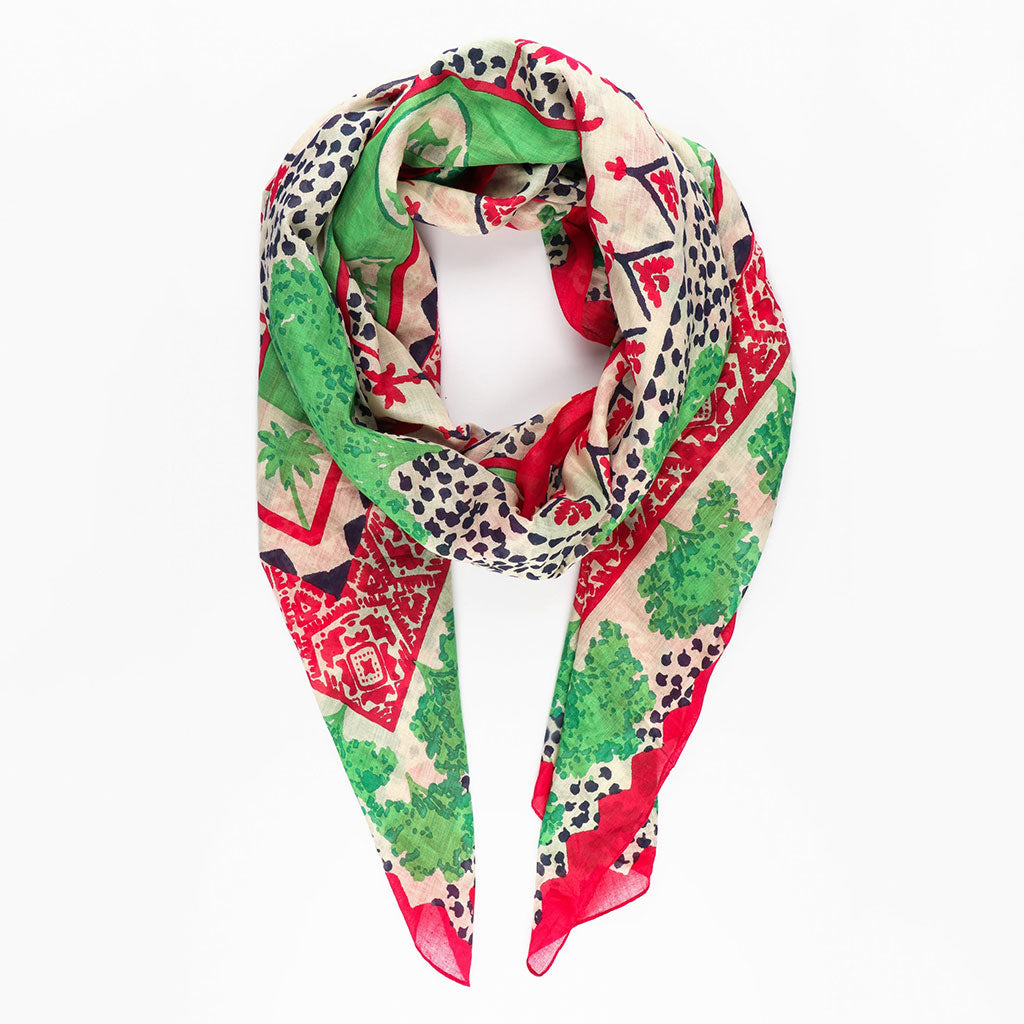 Desert Camel & Palm Tree Print Bordered Cotton Scarf In Green