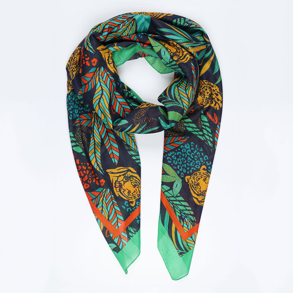 Jungle Tiger Print Cotton Scarf With Border In Navy Blue