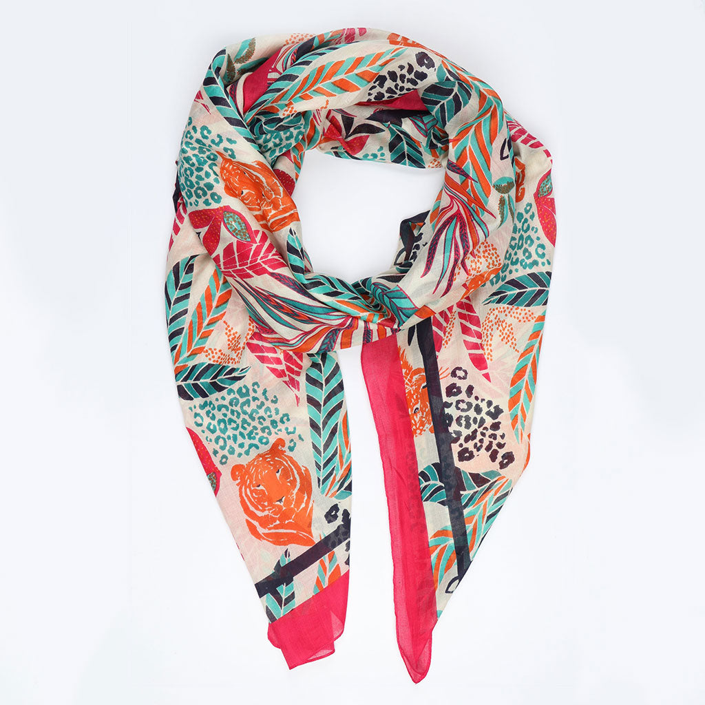 Jungle Print & Tiger Head Cotton Scarf With Border In Hot Pink