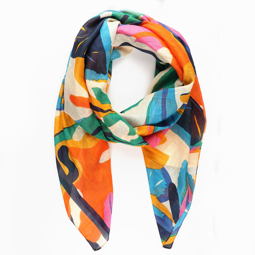 Bold Cotton Tropical Leaf Print Scarf With Striped Edge In Cream