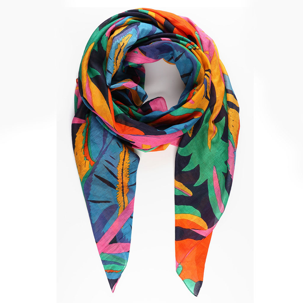 Bold Tropical Leaf Print Cotton Scarf With Striped Edge In Navy Blue