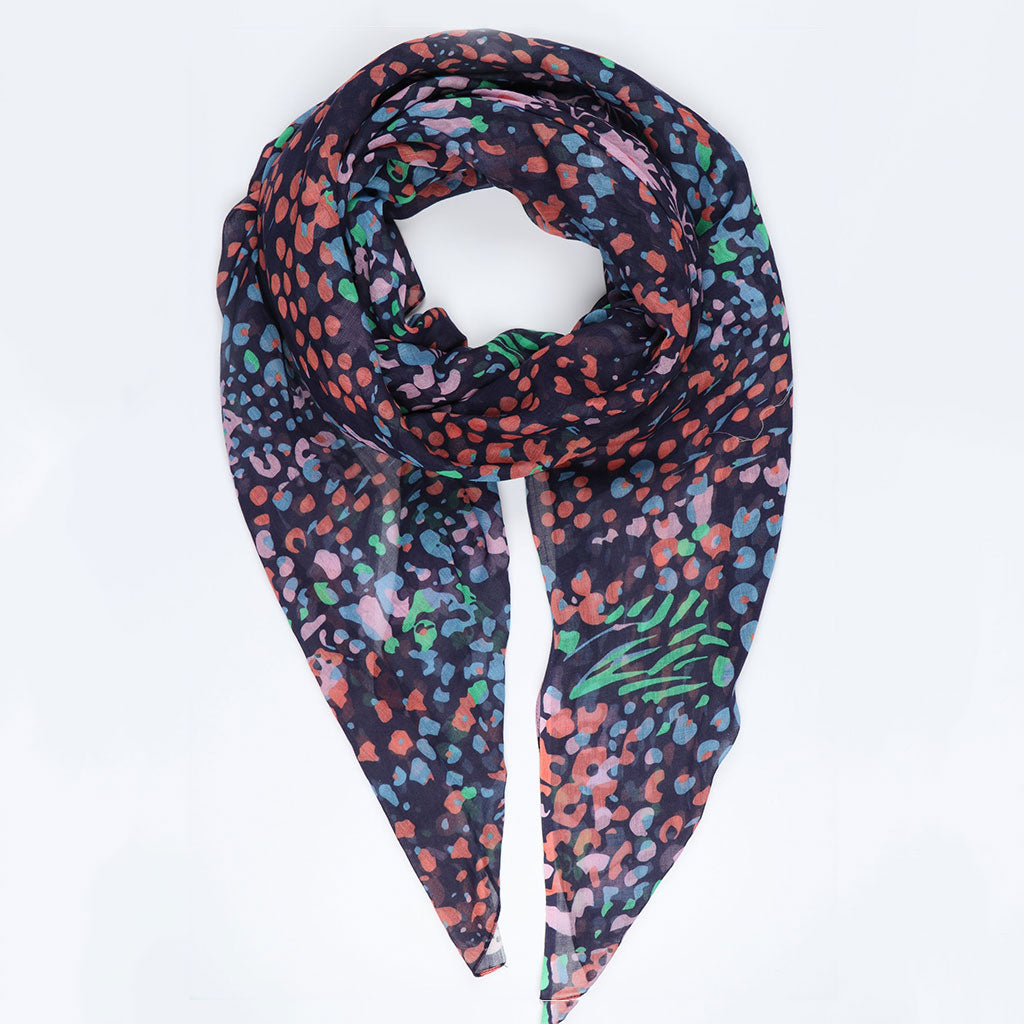 Floral Cluster Print Cotton Scarf In Navy Blue