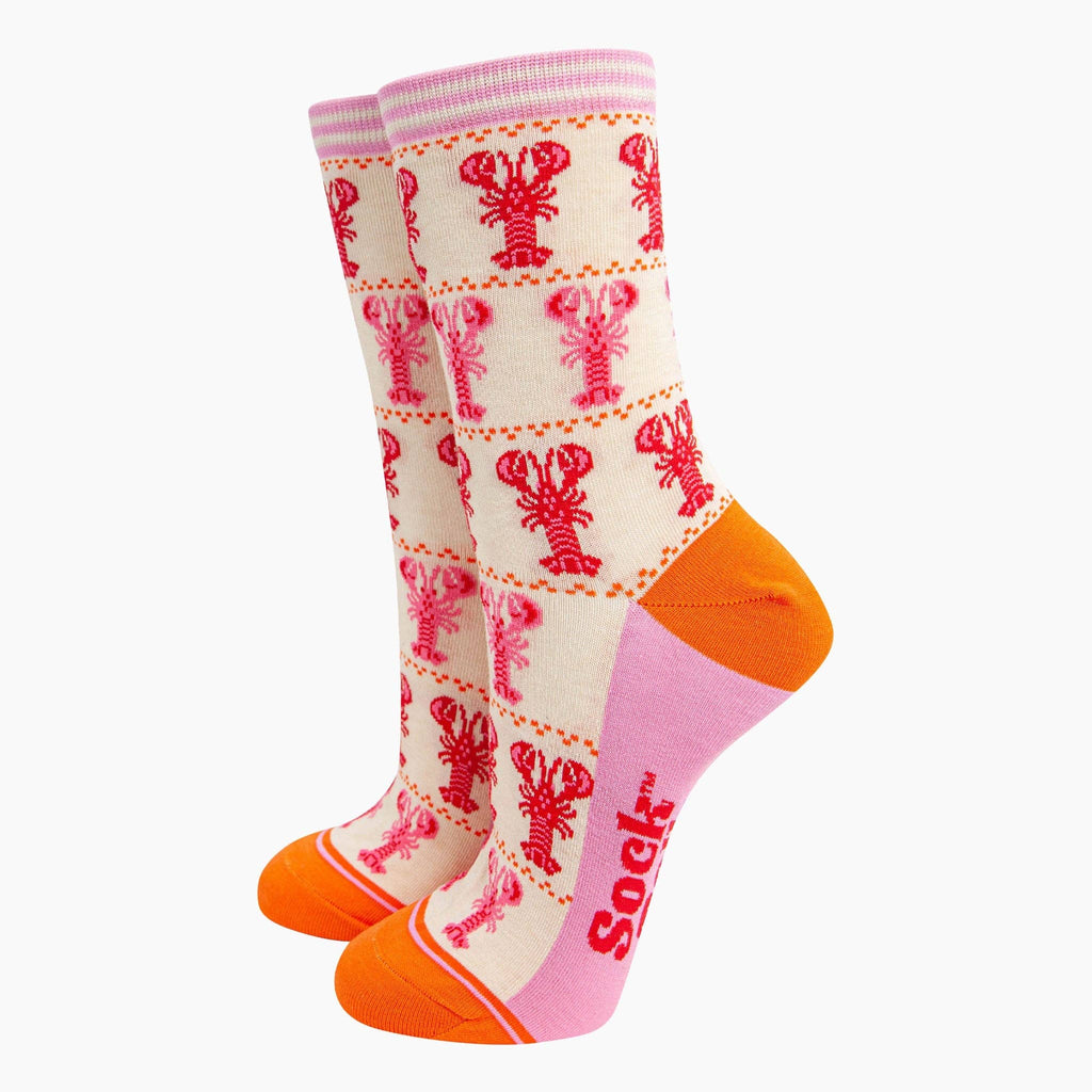 Women's Bamboo Socks - Cream, Lobster Stripes